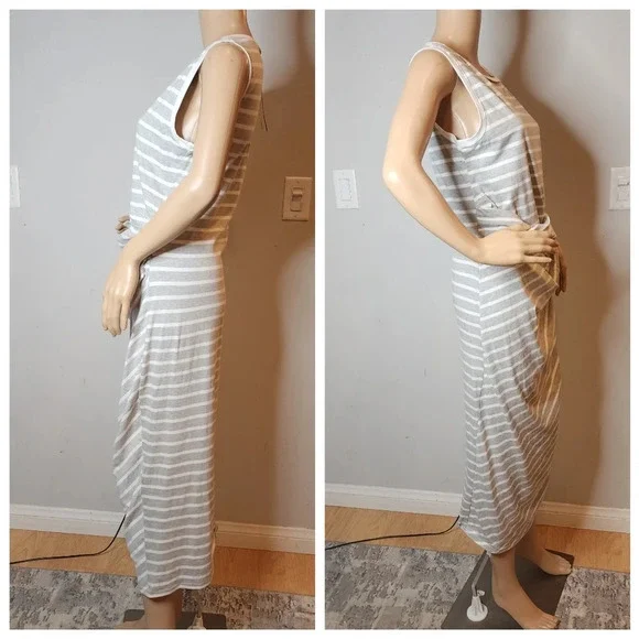 NWT Michael Stars Grey White Stripe Twist Front Sleeveless Midi Maxi Dress Sz M. - Picture 7 of 11